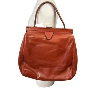 Vintage Rochas Leather Top Handle Frame Bag Burnt Orange Large